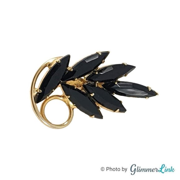 Vintage 1960s Dainty Navette Black Rhinestone Leaf Curl Stem Gold Tone Brooch - Picture 1 of 7